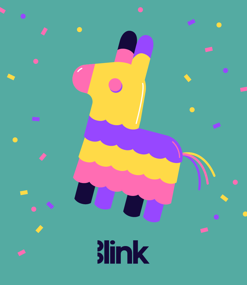 Blink referral gifts thumbnail: colorful piñata character with confetti on a teal background, Blink logo below